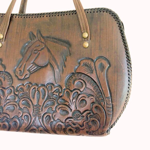 Vintage Jo-O-Kay tooled brown leather horse handbag - Picture 7 of 16
